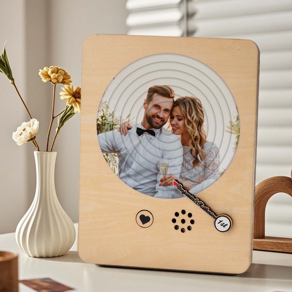 Personalized Photo Wooden Album Music Record Player Wedding Anniversary Gift for Couples -