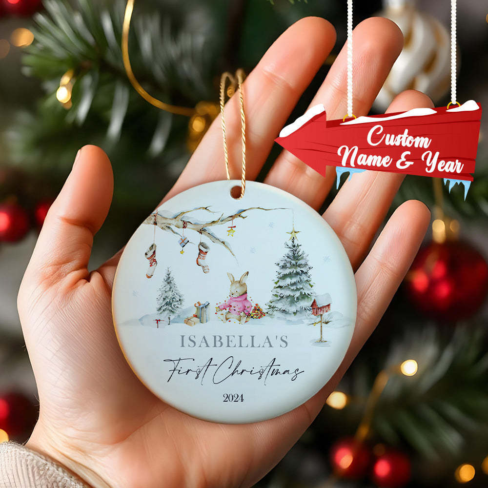 Personalized Rabbit Ceramic Ornament with Name Baby's First Christmas Ornament for New Baby Christmas Gift - myphotowalletau