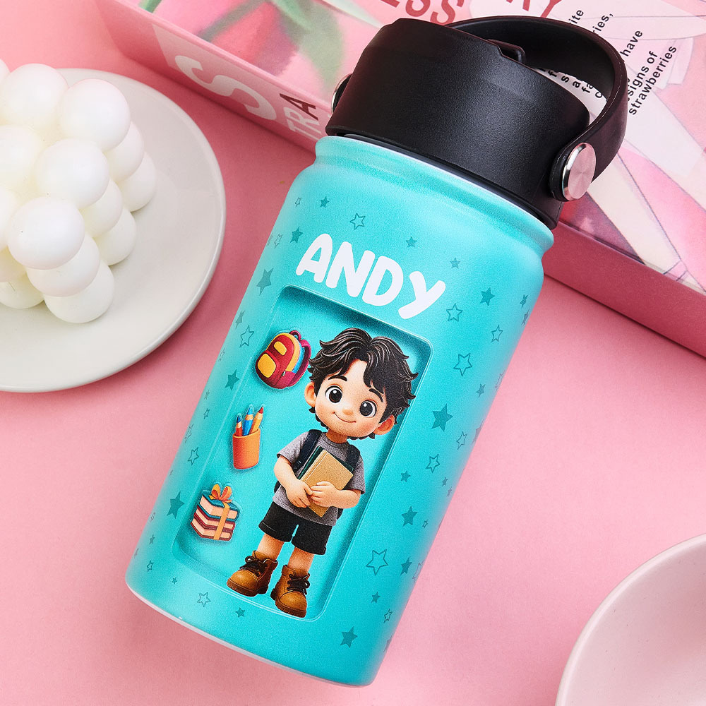 Custom Photo 3D Inflated Effect Printed Kids Water Bottle - Personalized Back To School Gifts For Kids - 