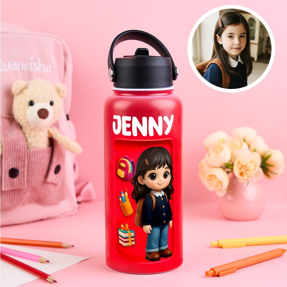 Custom Photo 3D Inflated Effect Printed Kids Water Bottle - Personalized Back To School Gifts For Kids - 