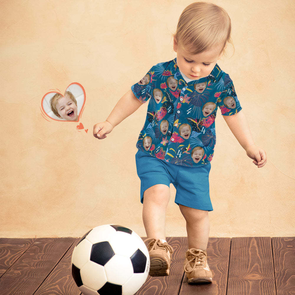 Custom Kid's Face Hawaiian Shirt Number and Face Hawaiian Shirt Dark Blue Sleeves and Pink Flowers Gift - 