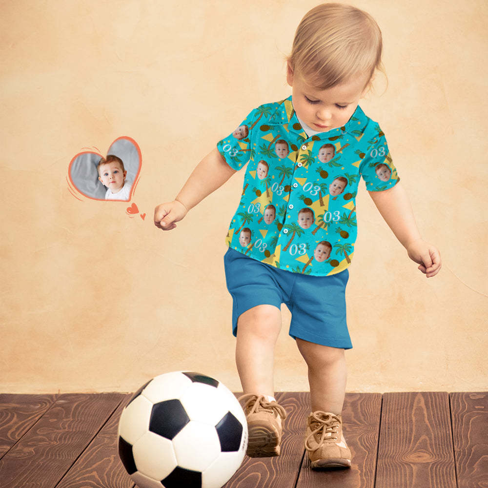 Custom Multi-color Face And Numbers Kid's Hawaiian Shirt Coconut Tree And Pineapple Birthday Gift - 