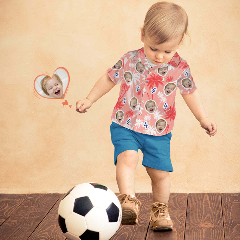 Custom Face And Number Kid's Birthday Hawaiian Shirts Red And White Coconut Tree Shirts Birthday Gift - 