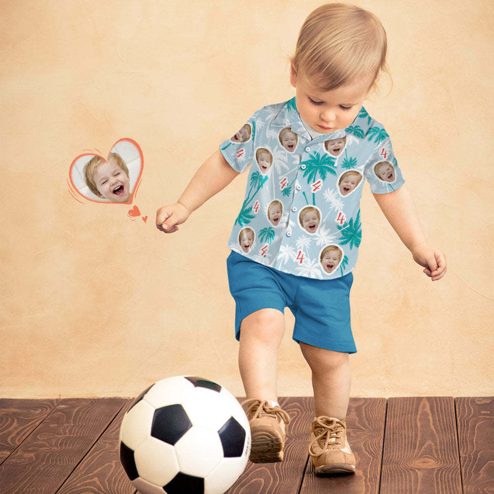 Custom Face And Number Kid's Birthday Hawaiian Shirts Red And White Coconut Tree Shirts Birthday Gift - 