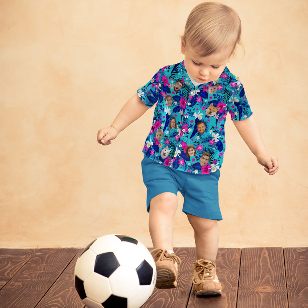 Custom Hawaiian Shirt With Face Personalized Hawaiian Shirt Logo All Over Print Pink Flower Hawaiian Shirt For Kids - 