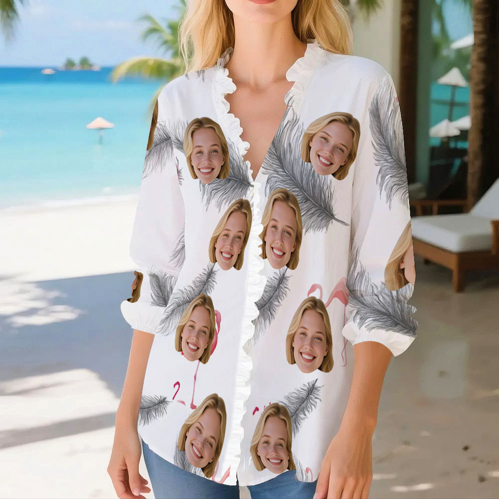 Custom Face Feather-Breeze Women’s Beach Blouse Face Shirt Top for Summer Trips, Bachelorette Party or Girls Weekend - 