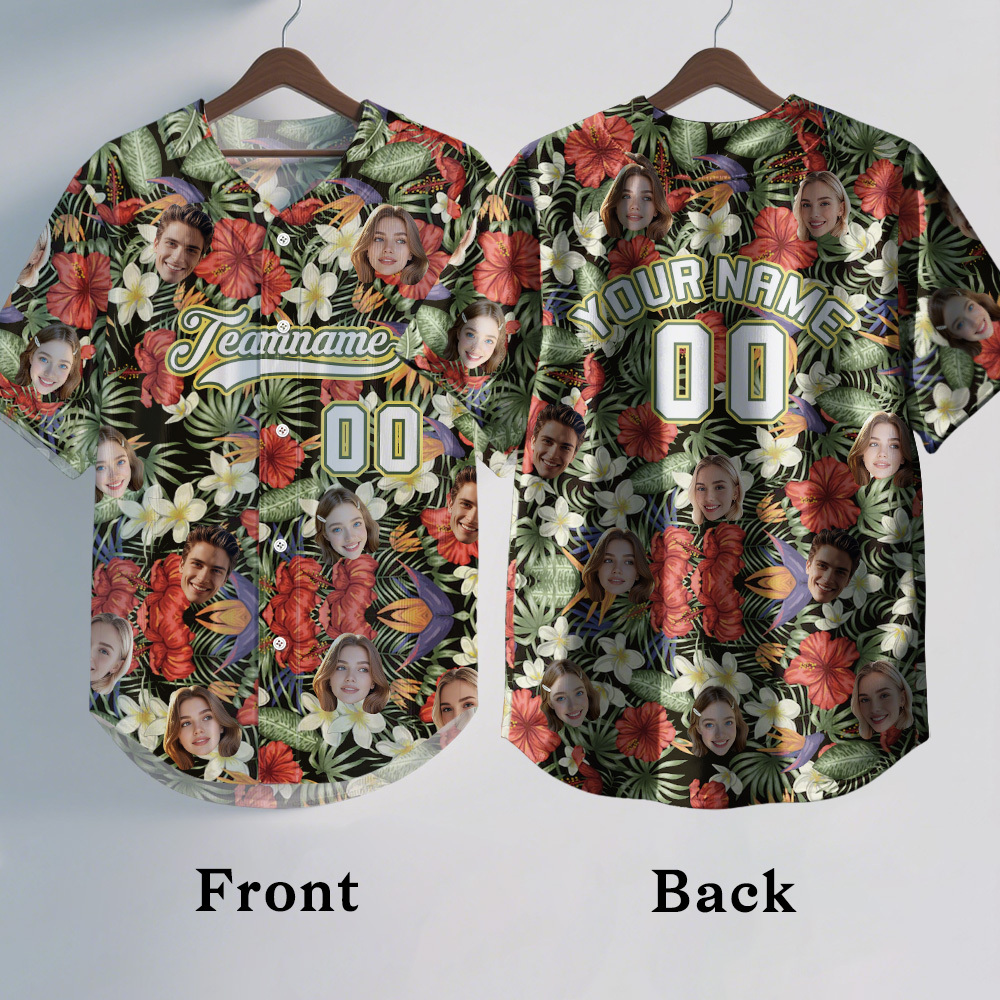 Custom Hawaiian Baseball Jersey with Face Teamname Name Number Personalized Hawaii Floral Shirt for Men Women - 