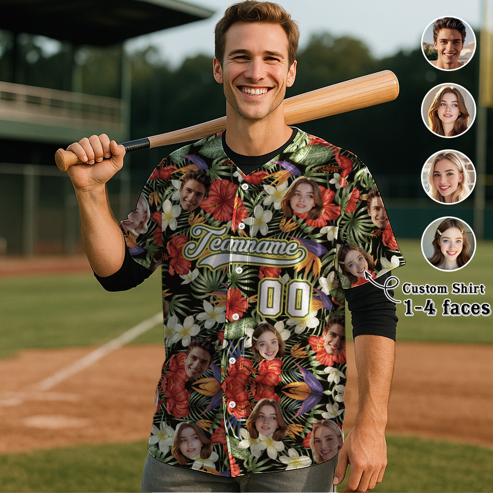 Custom Hawaiian Baseball Jersey with Face Teamname Name Number Personalized Hawaii Floral Shirt for Men Women - 