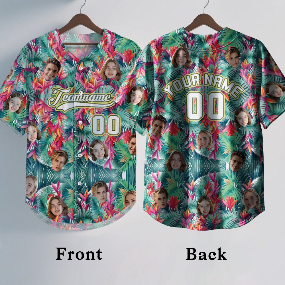 Custom Hawaiian Baseball Jersey with Face Teamname Name Number Personalized Hawaii Floral Shirt for Men Women - 