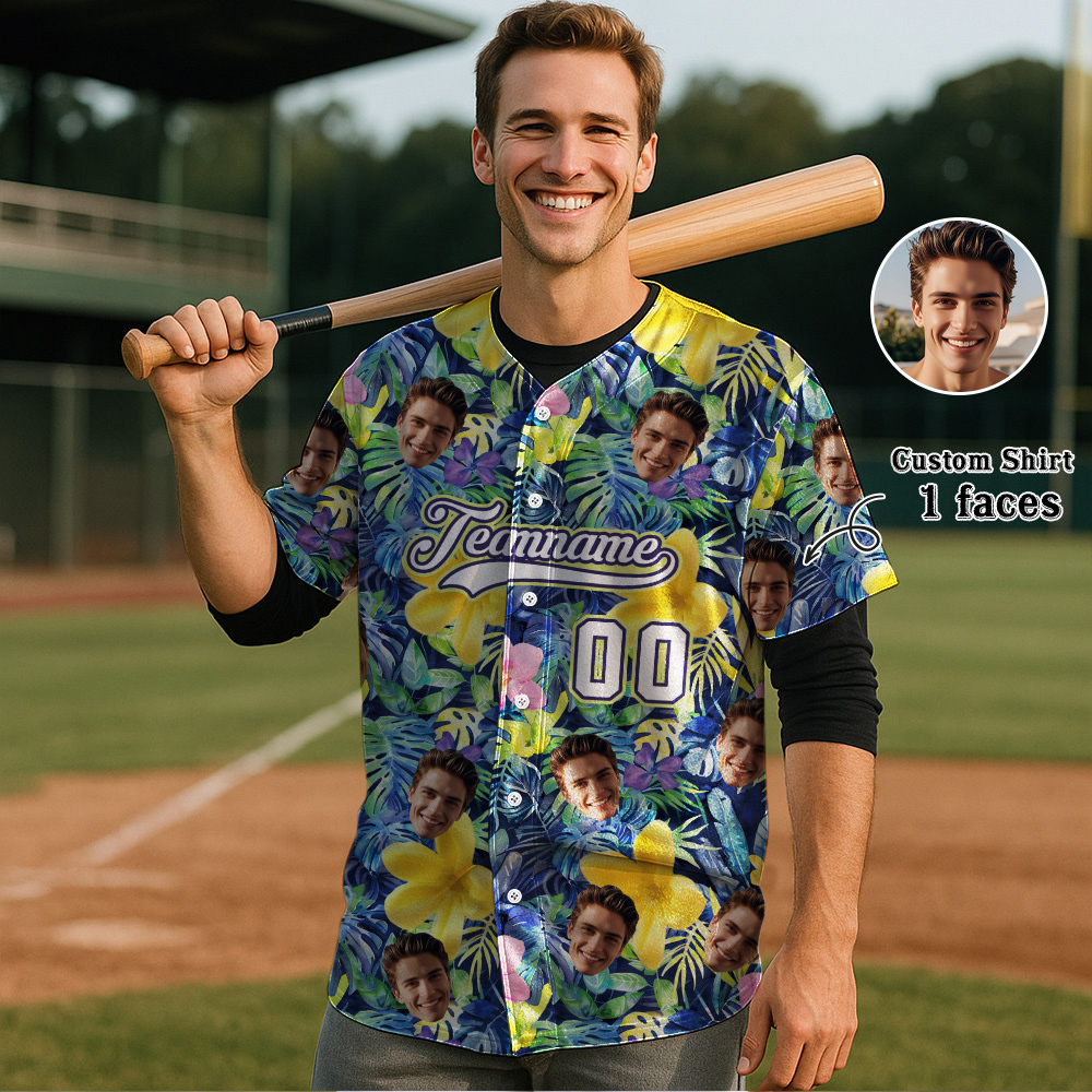 Custom Hawaiian Baseball Jersey with Face Teamname Name Number Personalized Hawaii Floral Shirt for Men Women - 
