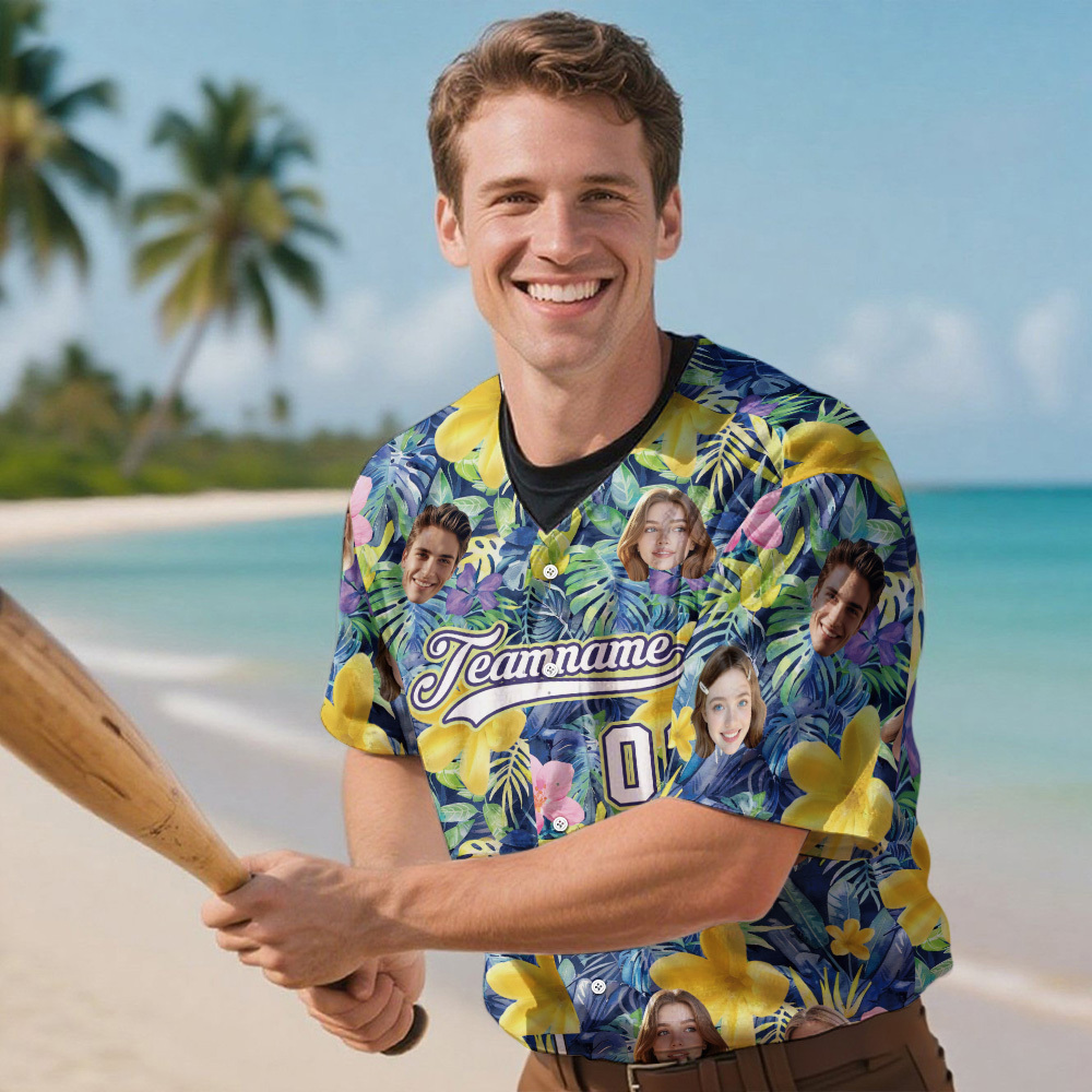 Custom Hawaiian Baseball Jersey with Face Teamname Name Number Personalized Hawaii Floral Shirt for Men Women - 