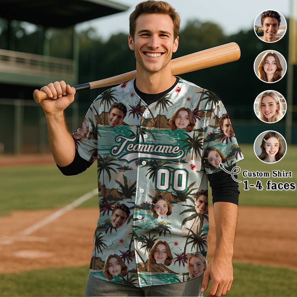 Custom Hawaiian Baseball Jersey with Face Teamname Name Number Personalized Hawaii Floral Shirt for Men Women - 