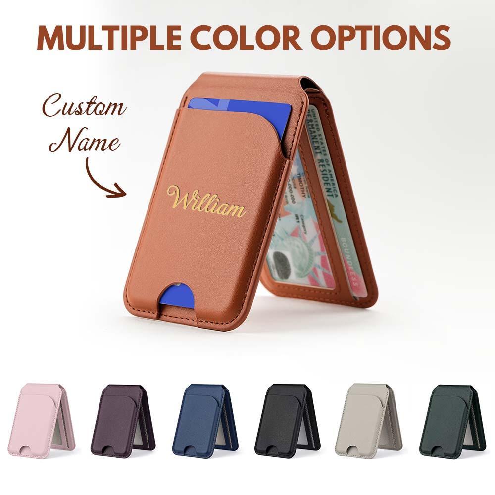 Personalized initials card pocket for iPhone magnetic faux leather flip stand, wallet with card slots, custom name clip - 