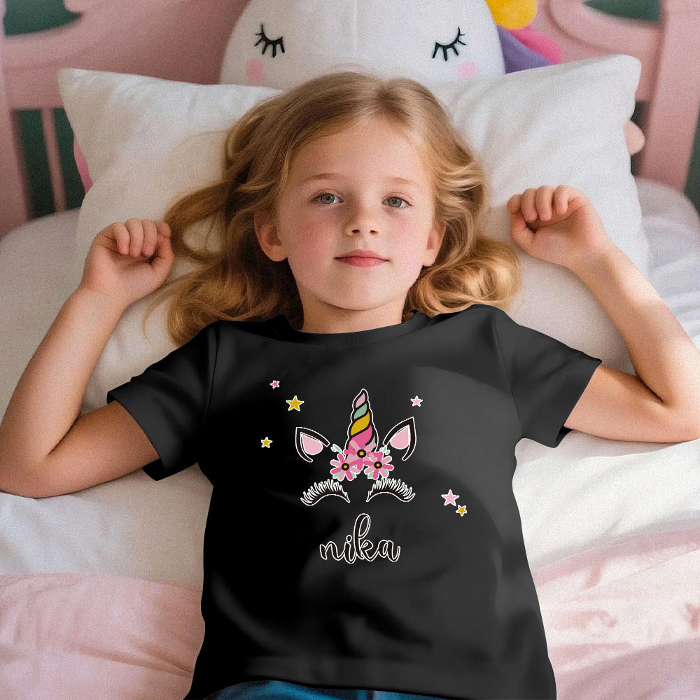 Custom Kid's Pajama Unicorn Style for Little Girls Soft Modal Fabric Homewear, Personalized Pajama Sizes 39in to 59in Short Sleeve & Shorts - 
