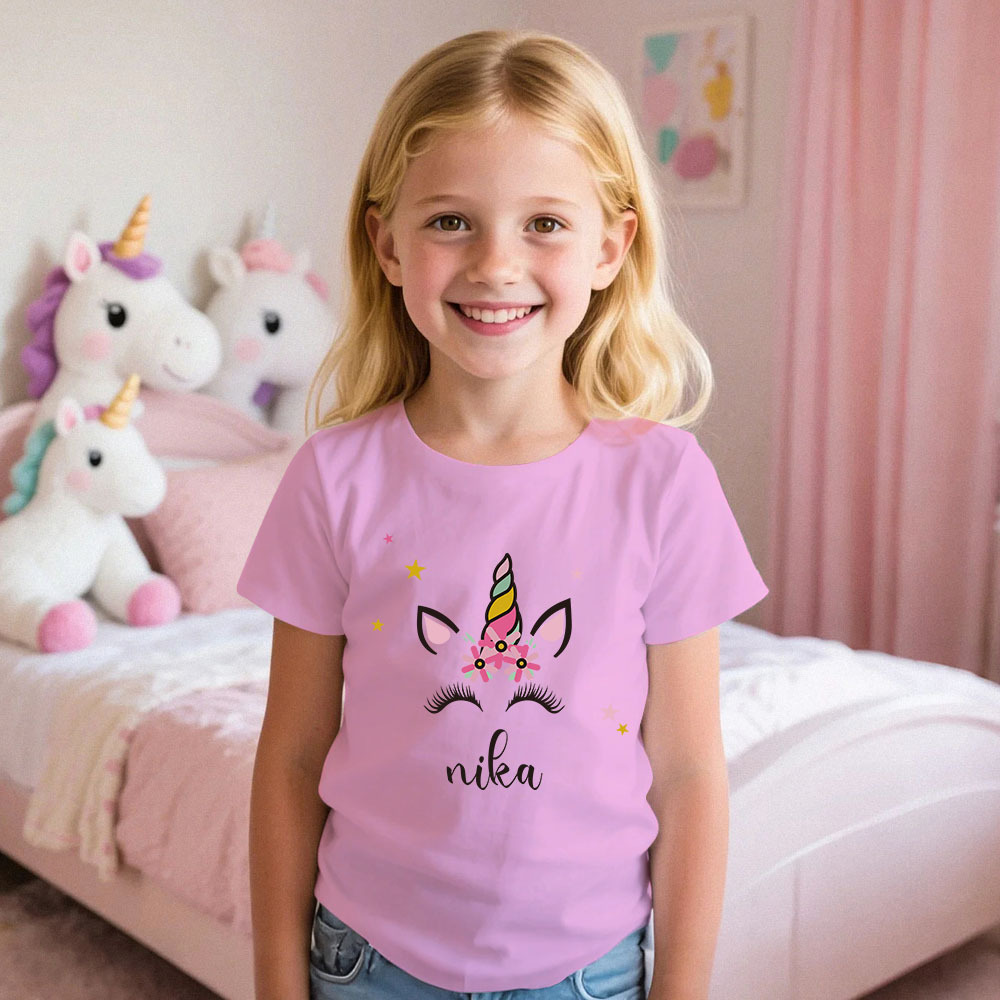 Custom Kid's Pajama Unicorn Style for Little Girls Soft Modal Fabric Homewear, Personalized Pajama Sizes 39in to 59in Short Sleeve & Shorts - 