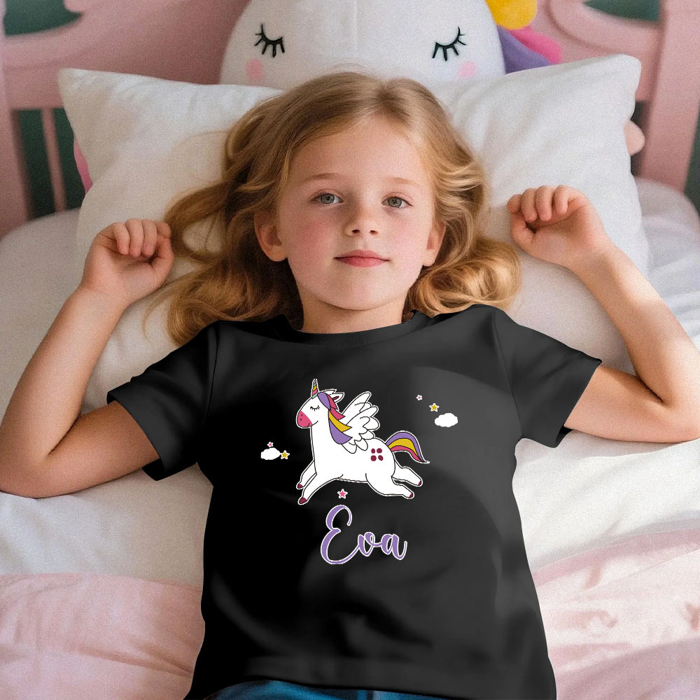 Custom Kid's Pajama Unicorn Style for Little Girls Soft Modal Fabric Homewear, Personalized Pajama Sizes 39in to 59in Short Sleeve & Shorts - 