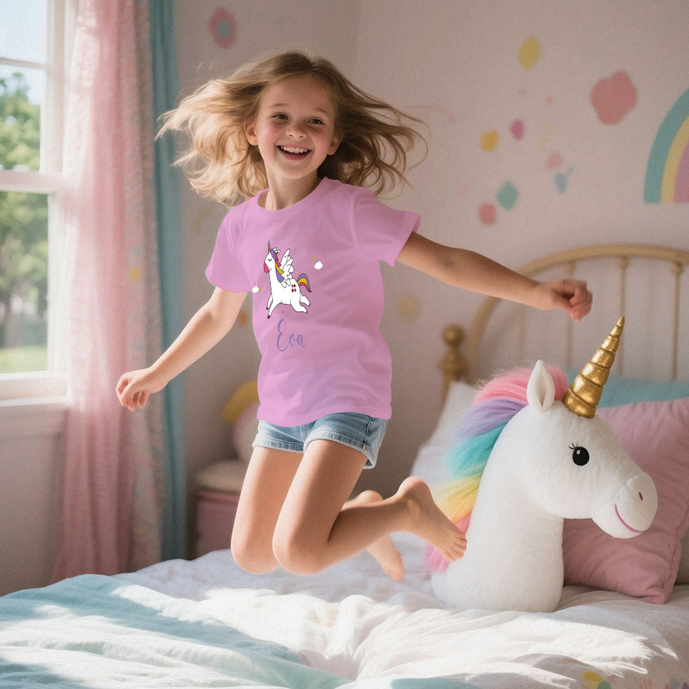 Custom Kid's Pajama Unicorn Style for Little Girls Soft Modal Fabric Homewear, Personalized Pajama Sizes 39in to 59in Short Sleeve & Shorts - 
