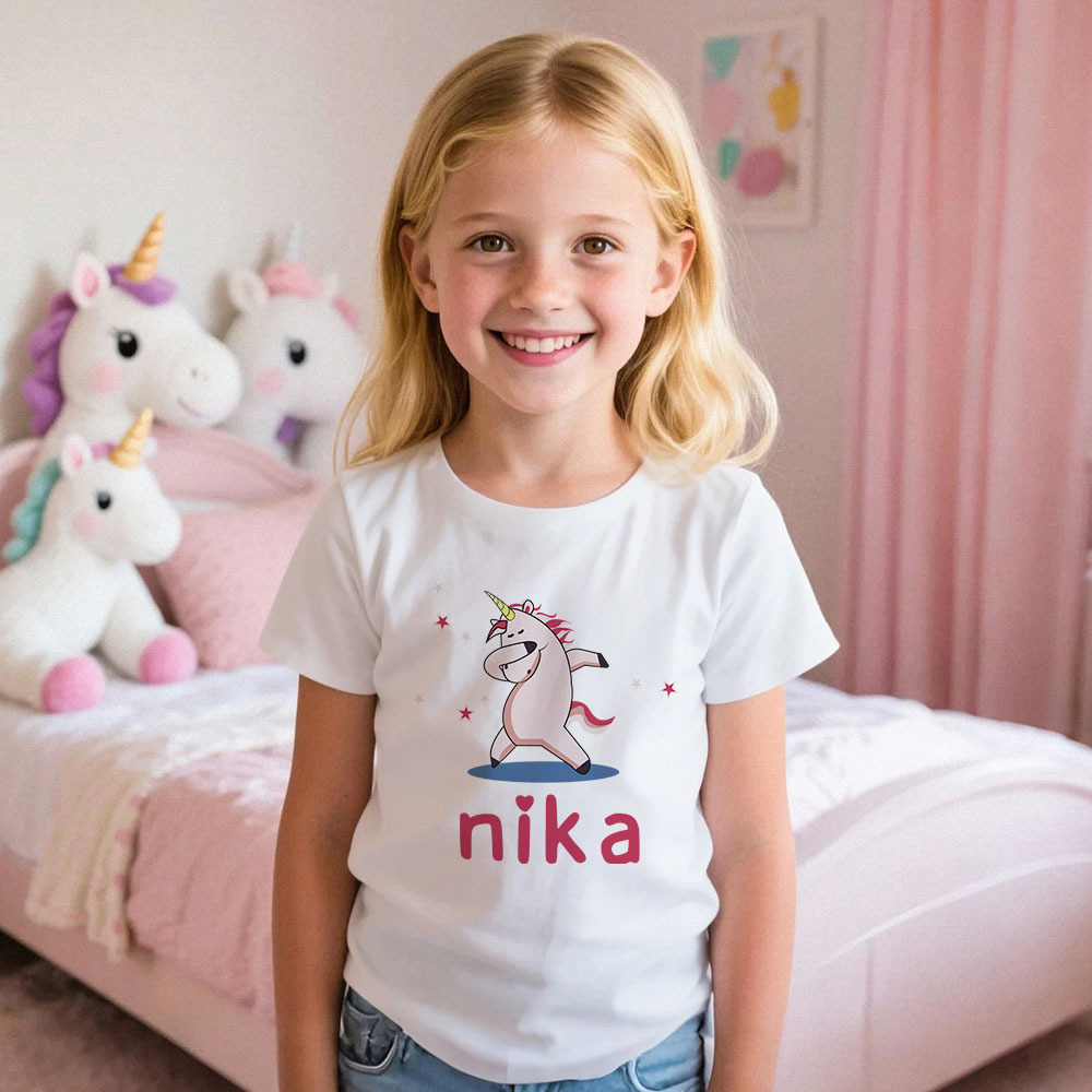Custom Kid's Pajama Unicorn Style for Little Girls Soft Modal Fabric Homewear, Personalized Pajama Sizes 39in to 59in Short Sleeve & Shorts - 