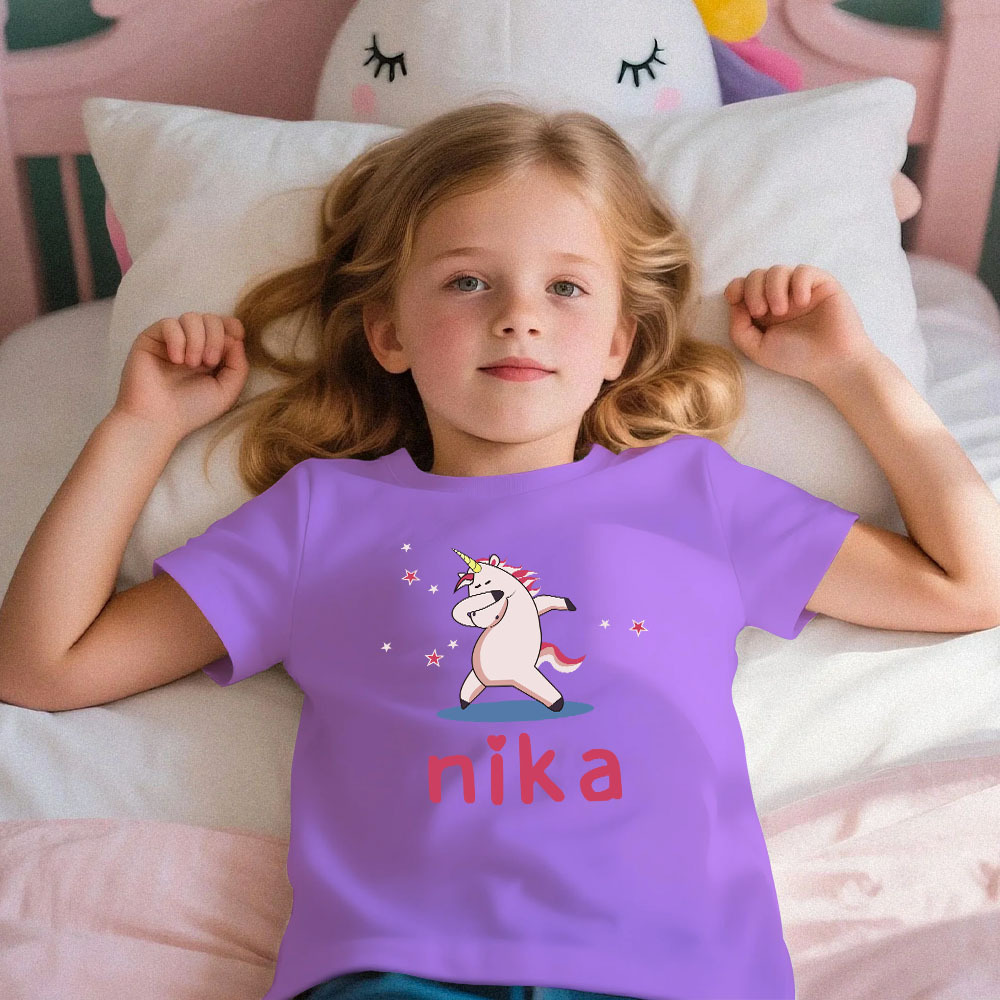 Custom Kid's Pajama Unicorn Style for Little Girls Soft Modal Fabric Homewear, Personalized Pajama Sizes 39in to 59in Short Sleeve & Shorts - 