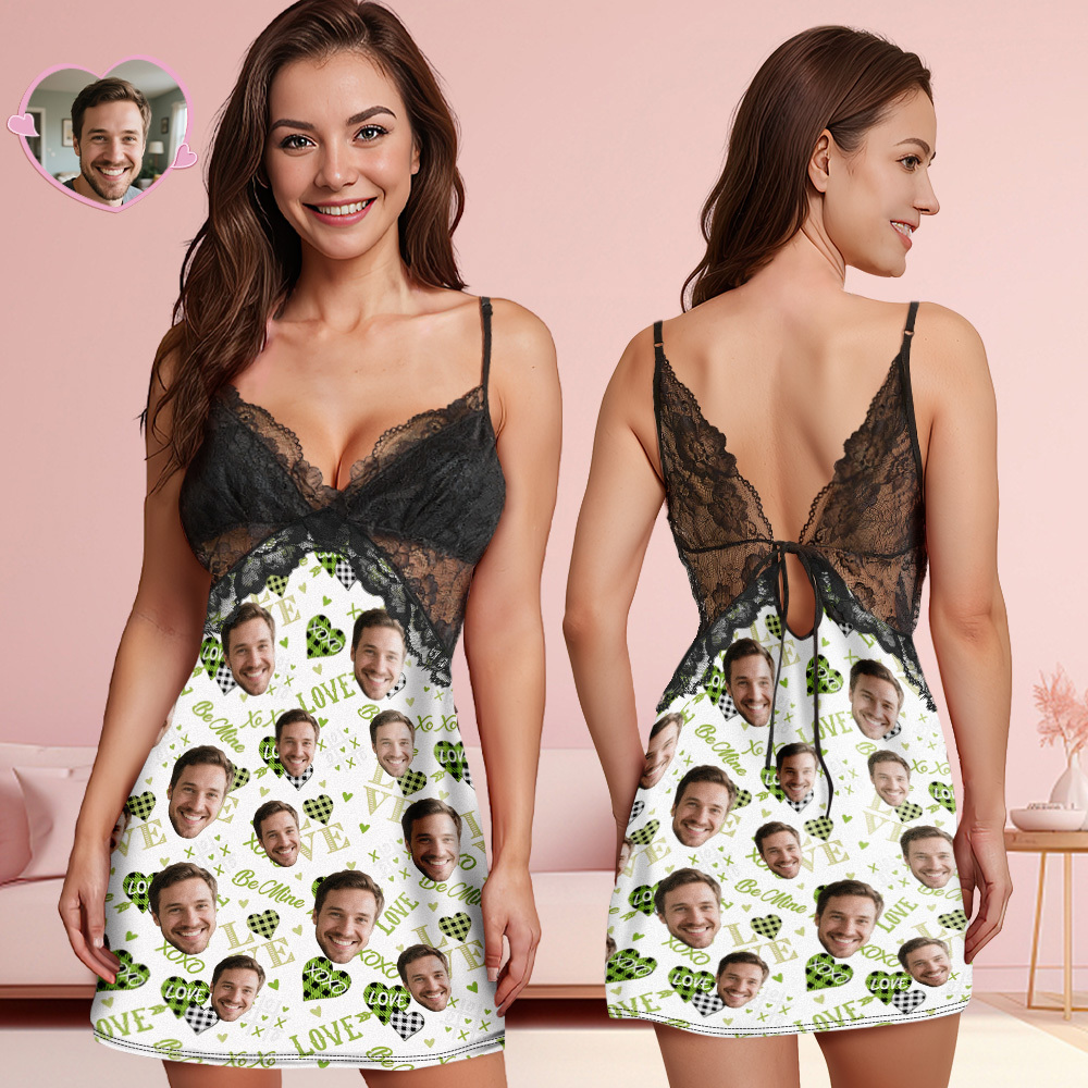 Custom Husband Face Red Lips and Heart Women Lace Sleepwear Back Closure Neck Nightwear Gift for Her Love - 