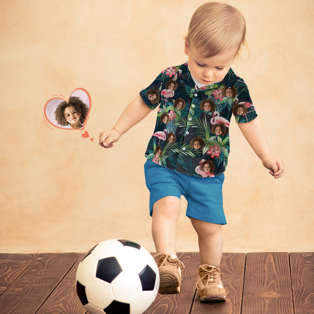 Custom Face Shirt Kid's Hawaiian Shirt Flamingo Flower - 