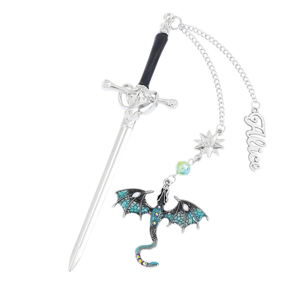 Personalized Dragon Sword Bookmark – Custom Name Fantasy Winged Dragon Metal Charm Gift for Book Lovers -