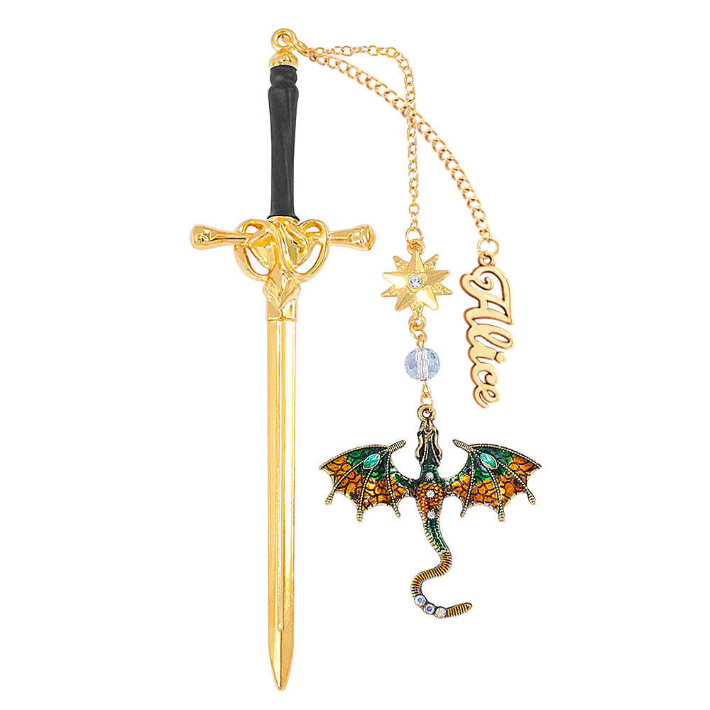 Personalized Dragon Sword Bookmark – Custom Name Fantasy Winged Dragon Metal Charm Gift for Book Lovers -