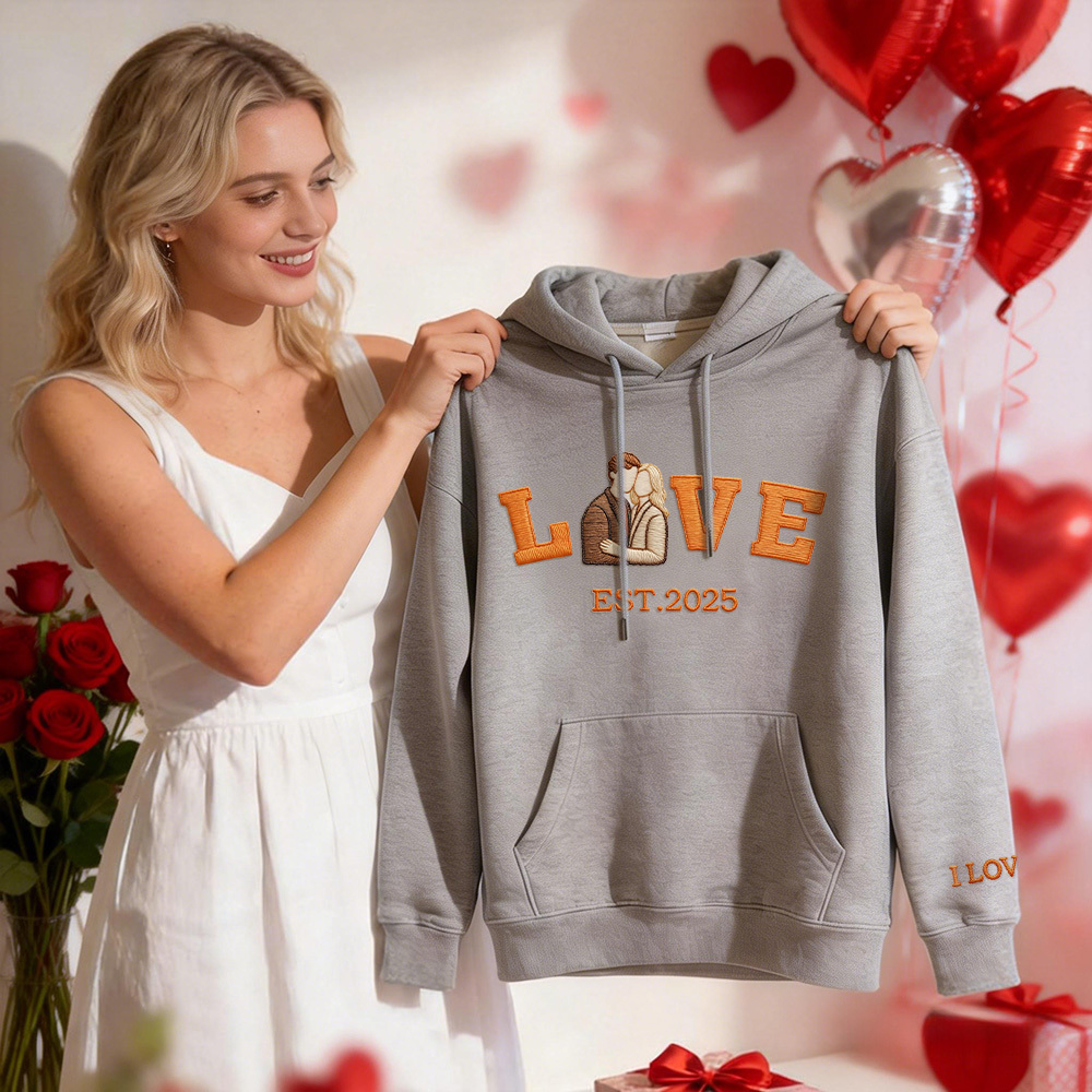 Personalized Embroidered Photo Couple LOVE Est Year Sweatshirt/Hoodie - 