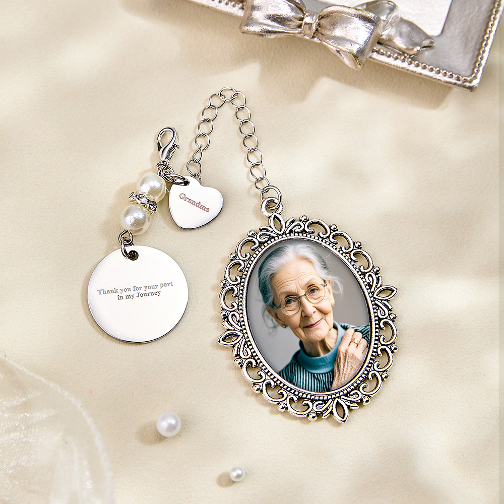 Personalized Photo Bouquet Charm with Heart Pendant Memorial Wedding Gift for Bride