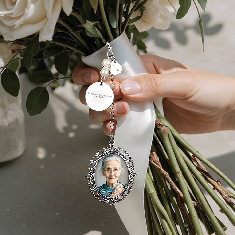 Personalized Photo Bouquet Charm with Heart Pendant Memorial Wedding Gift for Bride