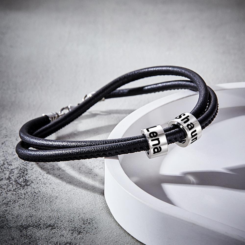 Custom Engraved Bead Bracelet Men Braided Black Leather Gifts - 