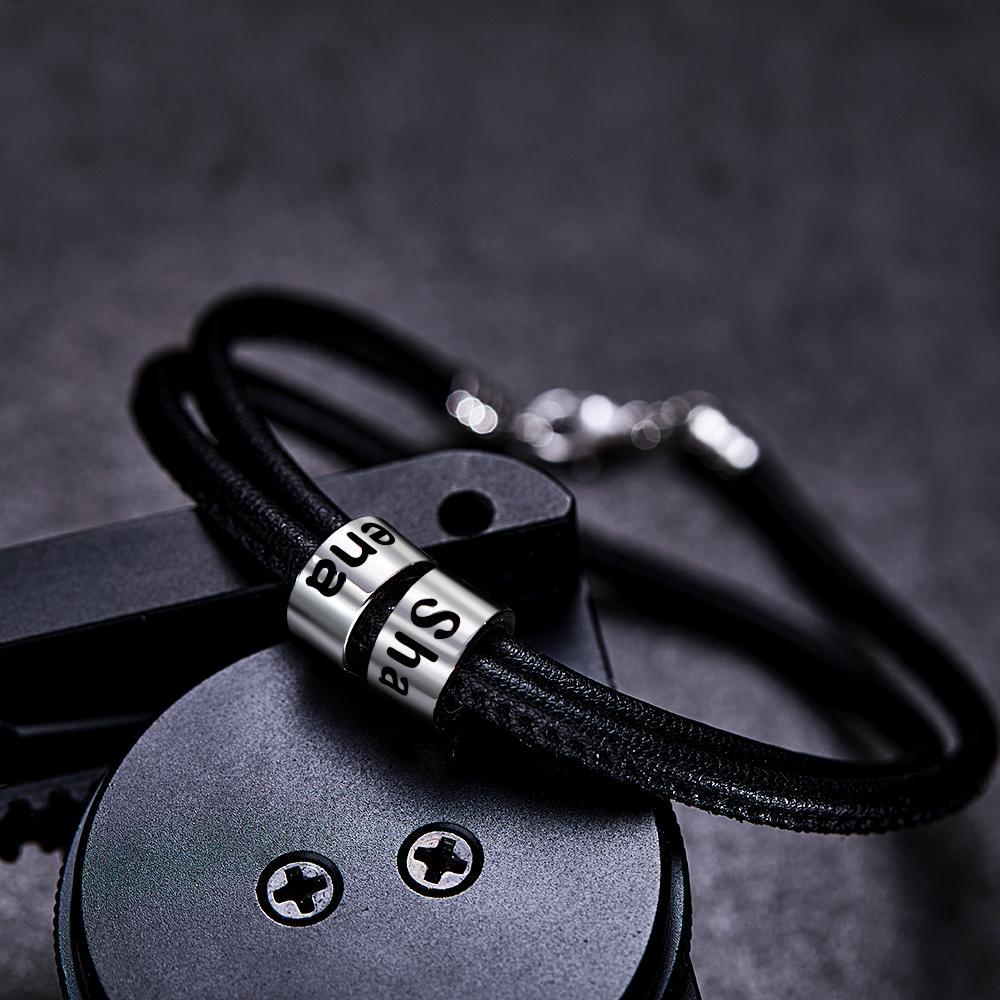 Custom Engraved Bead Bracelet Men Braided Black Leather Gifts - 