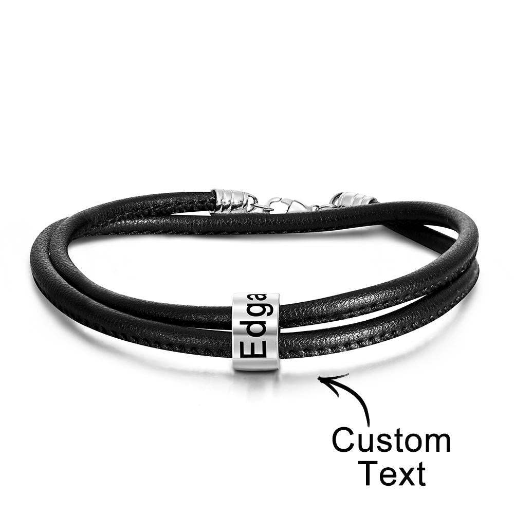 Custom Engraved Bead Bracelet Men Braided Black Leather Gifts - 