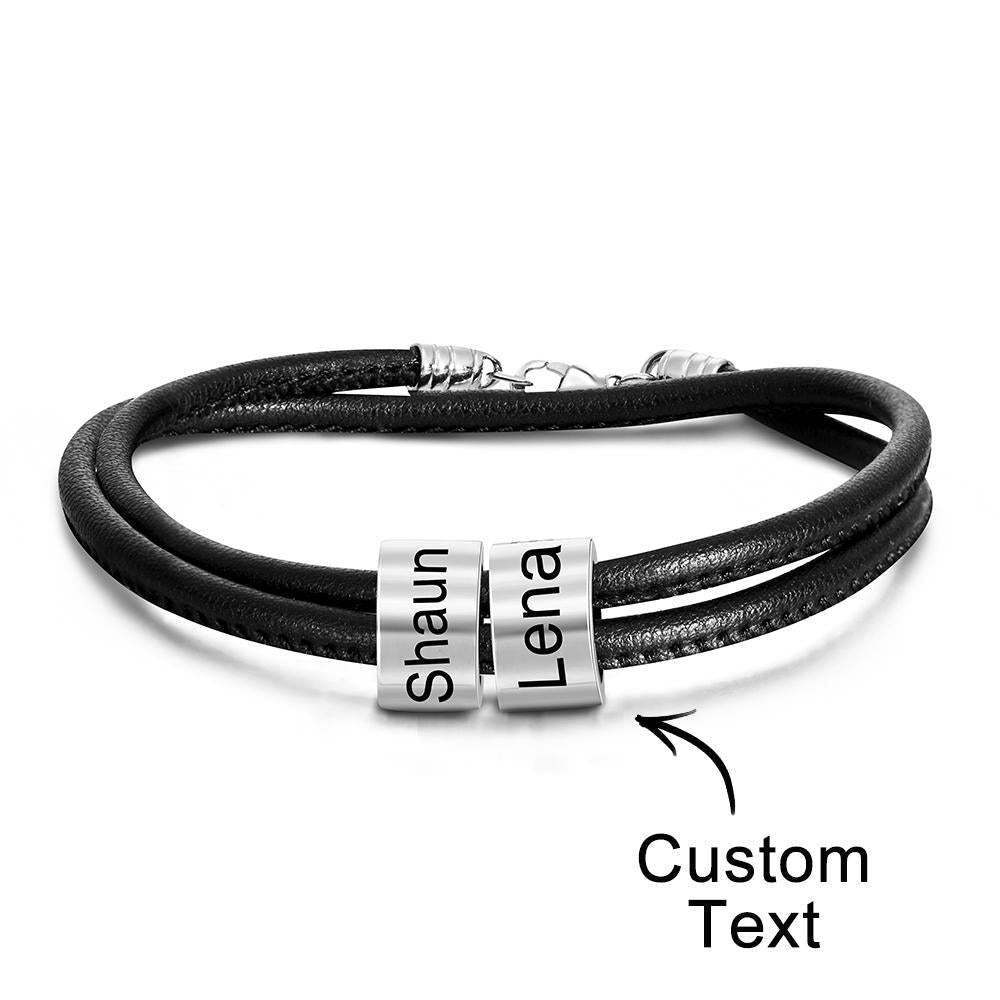 Custom Engraved Bead Bracelet Men Braided Black Leather Gifts - 