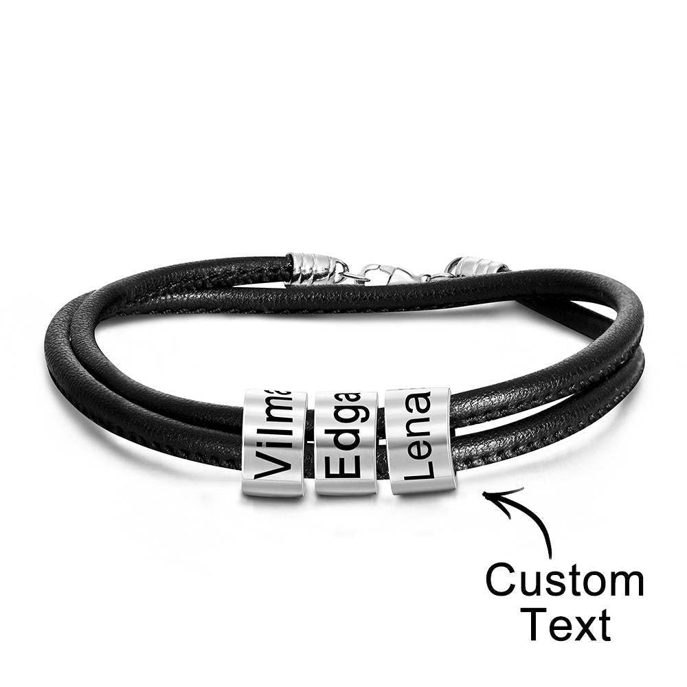 Custom Engraved Bead Bracelet Men Braided Black Leather Gifts - 