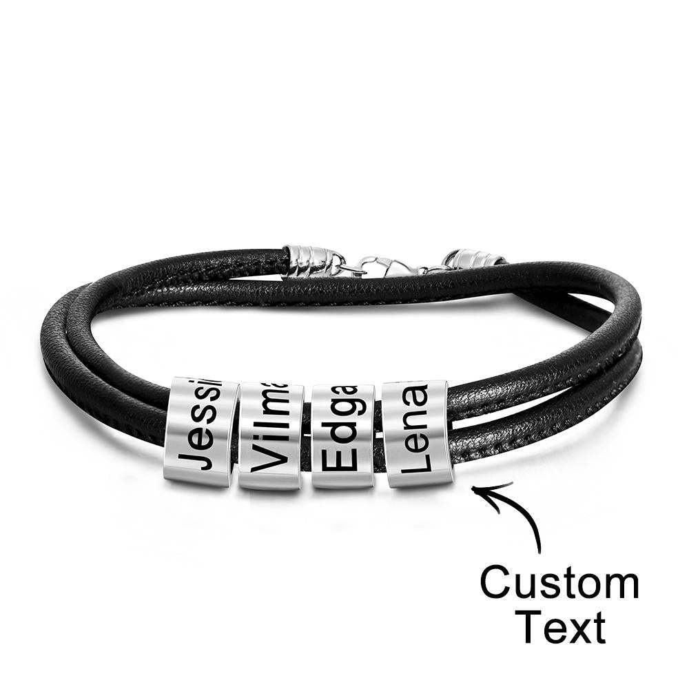 Custom Engraved Bead Bracelet Men Braided Black Leather Gifts - 