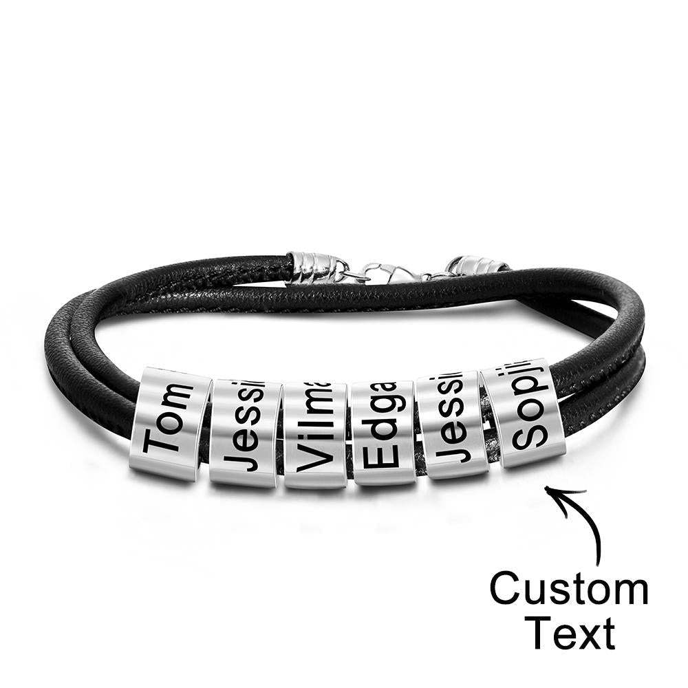 Custom Engraved Bead Bracelet Men Braided Black Leather Gifts - 