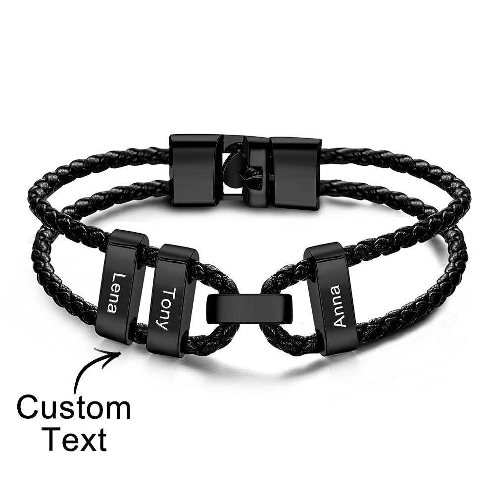 Engraved Beads Leather Bracelet Custom Letter Name Bracelet Father's Day Gift - 