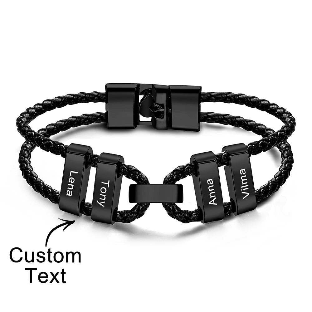 Engraved Beads Leather Bracelet Custom Letter Name Bracelet Father's Day Gift - 
