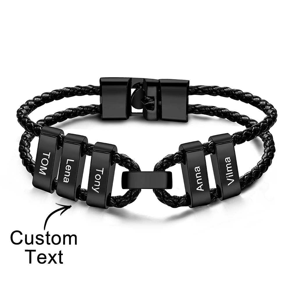 Engraved Beads Leather Bracelet Custom Letter Name Bracelet Father's Day Gift - 
