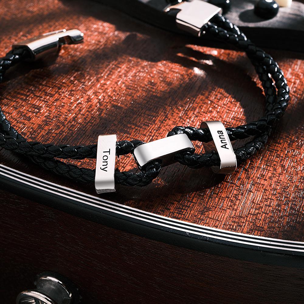 Engraved Beads Leather Bracelet Custom Letter Name Bracelet Father's Day Gift - 