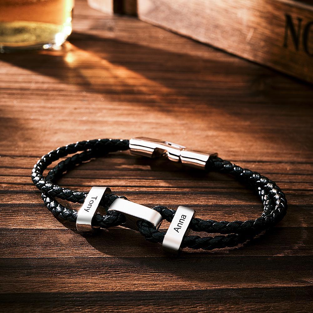 Engraved Beads Leather Bracelet Custom Letter Name Bracelet Father's Day Gift - 