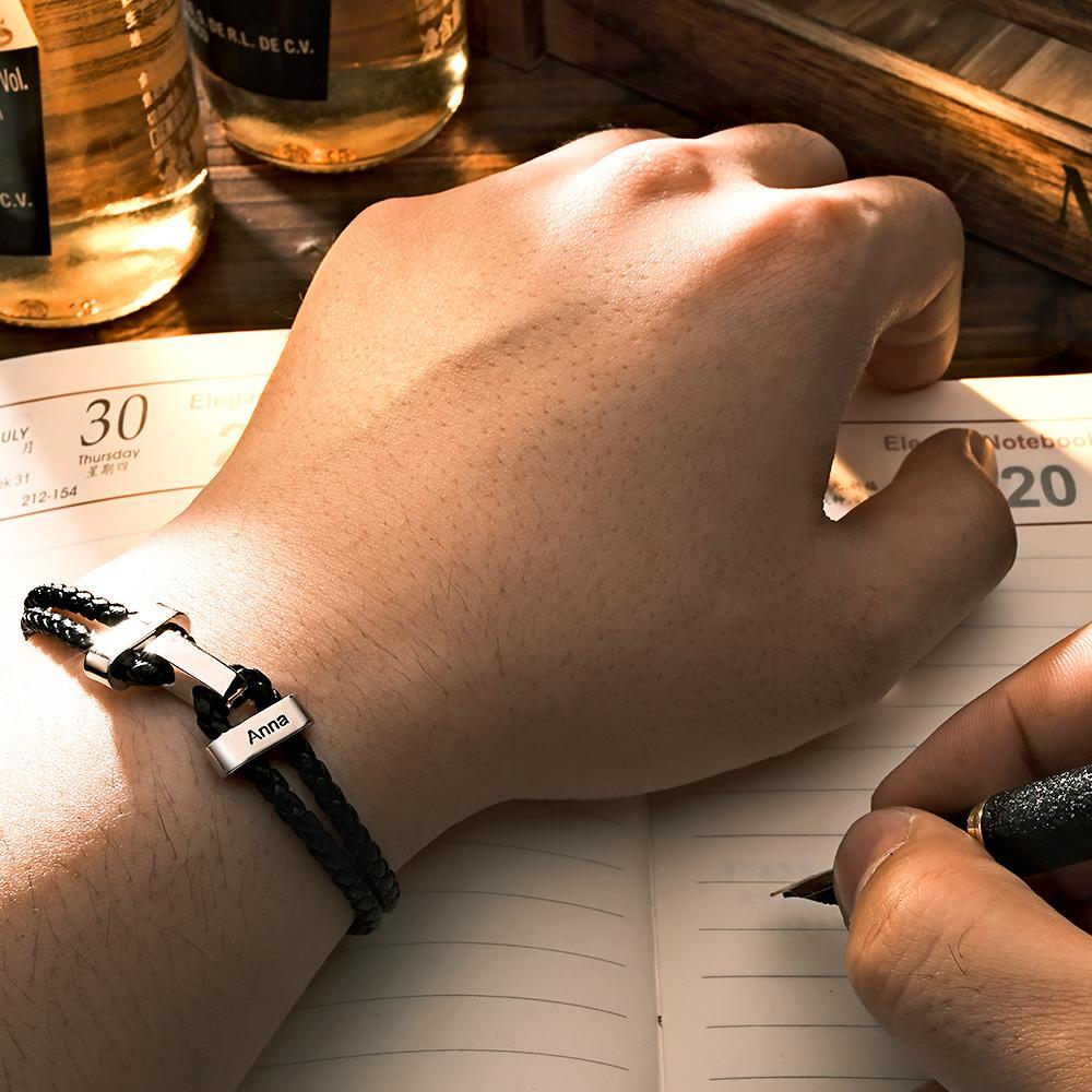 Engraved Beads Leather Bracelet Custom Letter Name Bracelet Father's Day Gift - 