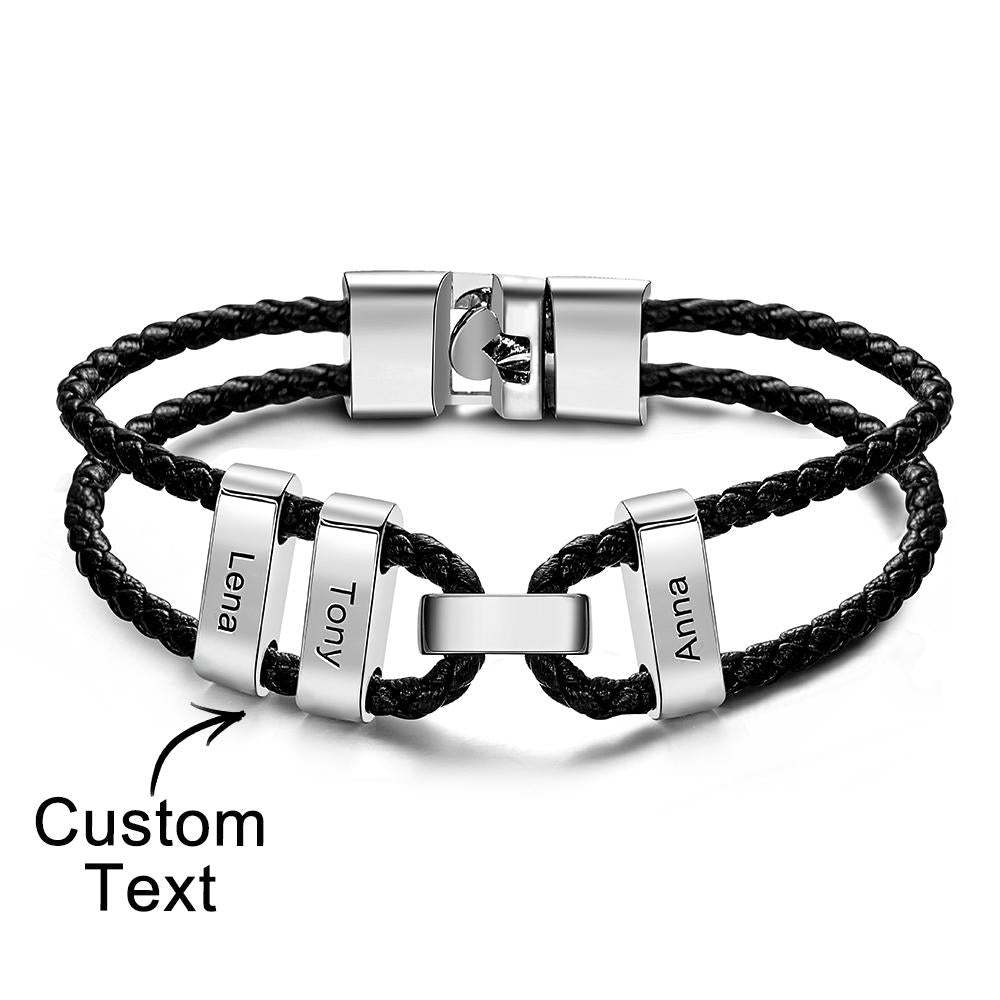 Engraved Beads Leather Bracelet Custom Letter Name Bracelet Father's Day Gift - 