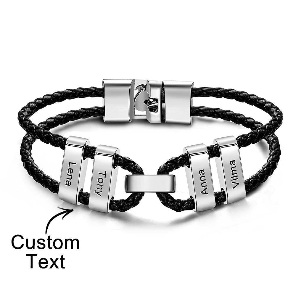 Engraved Beads Leather Bracelet Custom Letter Name Bracelet Father's Day Gift - 