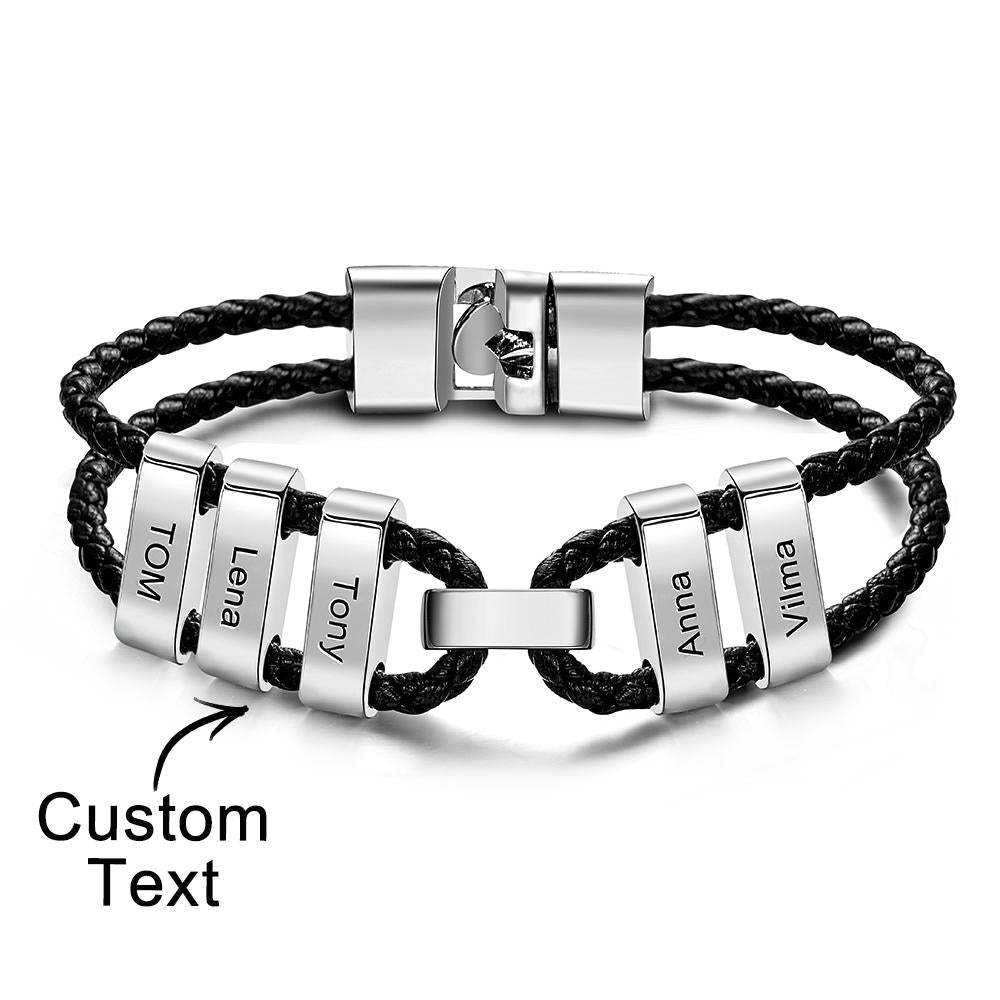 Engraved Beads Leather Bracelet Custom Letter Name Bracelet Father's Day Gift - 