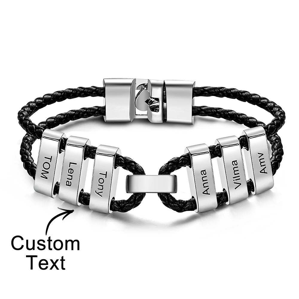 Engraved Beads Leather Bracelet Custom Letter Name Bracelet Father's Day Gift - 