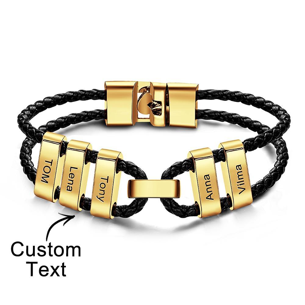 Engraved Beads Leather Bracelet Custom Letter Name Bracelet Father's Day Gift - 