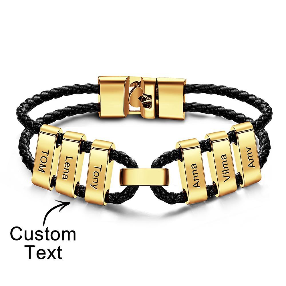 Engraved Beads Leather Bracelet Custom Letter Name Bracelet Father's Day Gift - 
