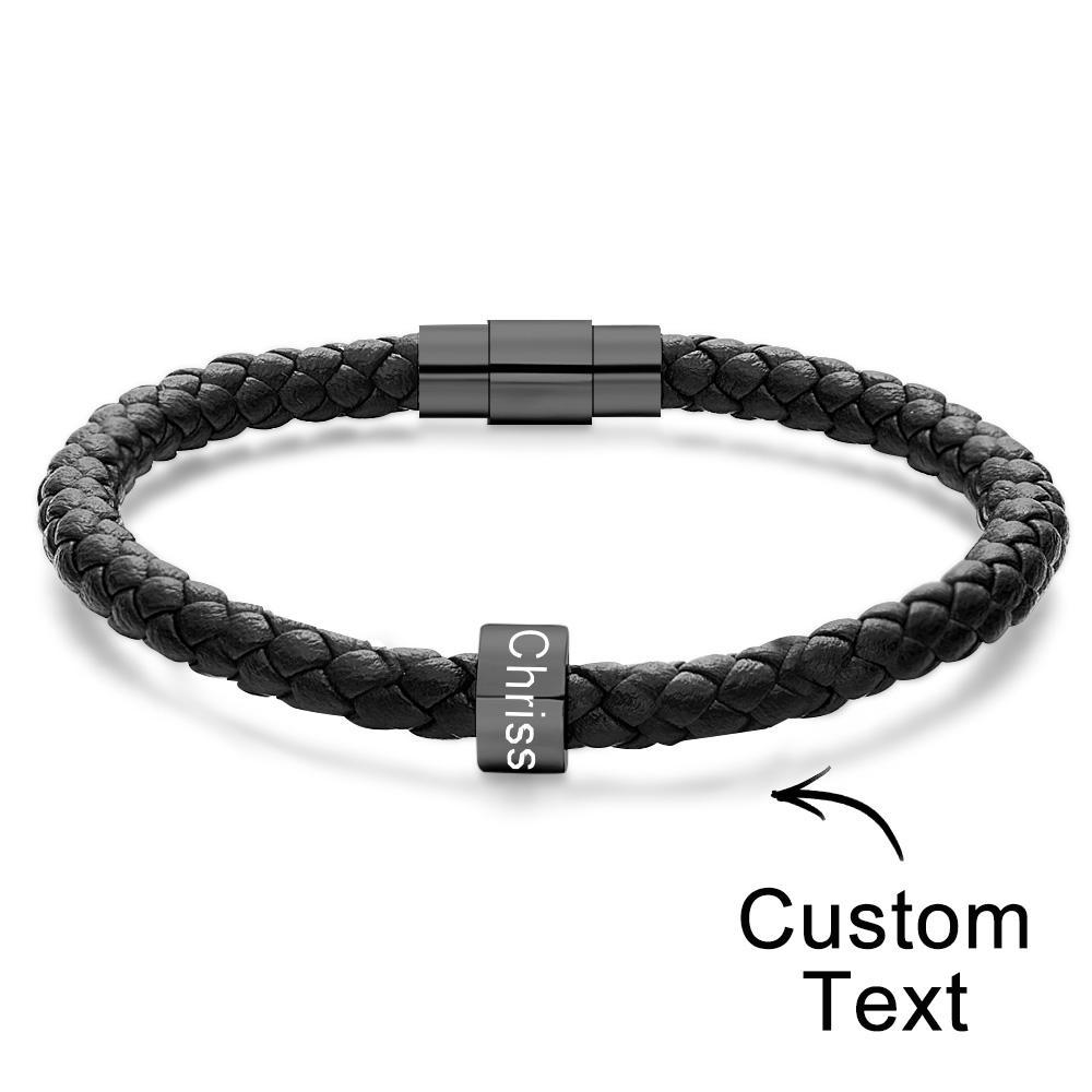 Custom Engraved Men's Bracelets Beads Simple Leather Gifts - 